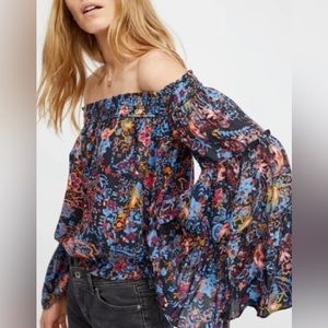 Free People Black Multicolor Floral Bell Sleeve Off the Shoulder Cropped Top M